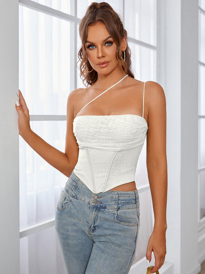     white one shoulder asymmetrical hem mesh top#color_white