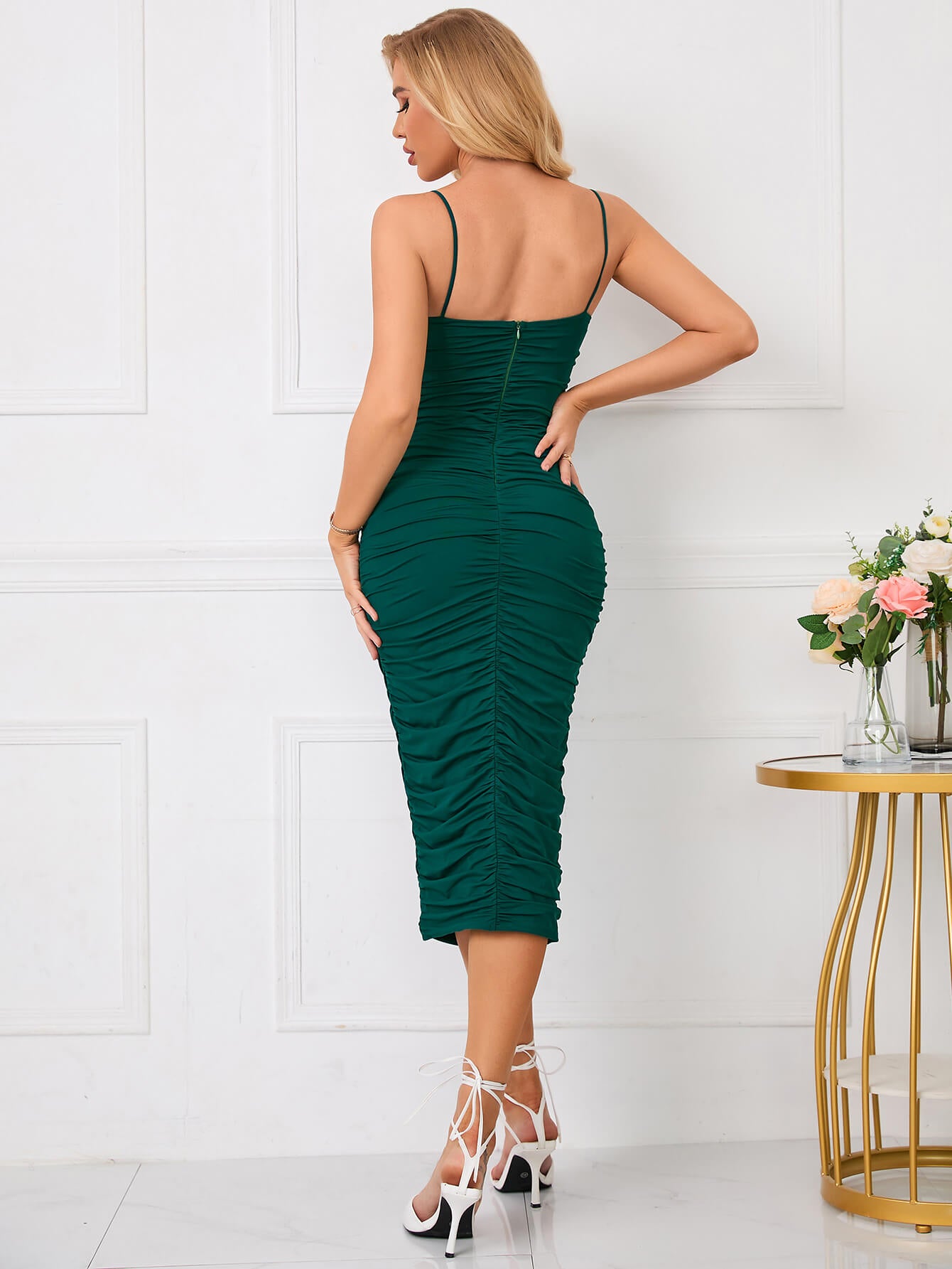     zip back ruched bodycon midi dress green back#color_green